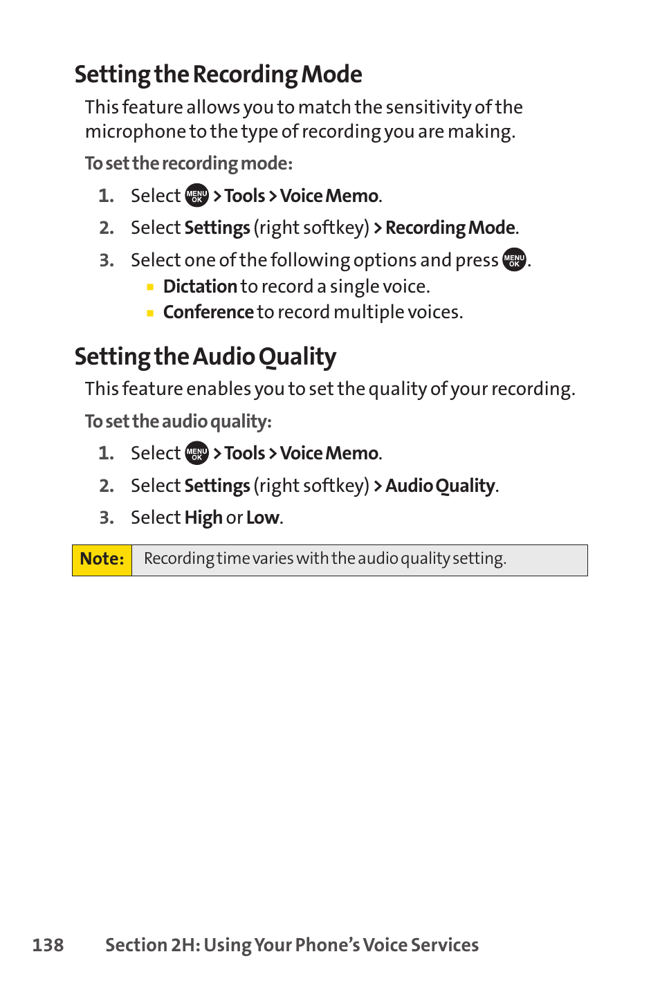 Setting the recording mode, Setting the audio quality | Sprint Nextel SCP-7050 User Manual | Page 154 / 267