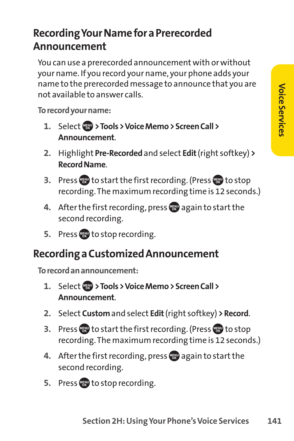 Recording your name for a prerecorded announcement, Recording a customized announcement | Sprint Nextel SCP-7050 User Manual | Page 157 / 267