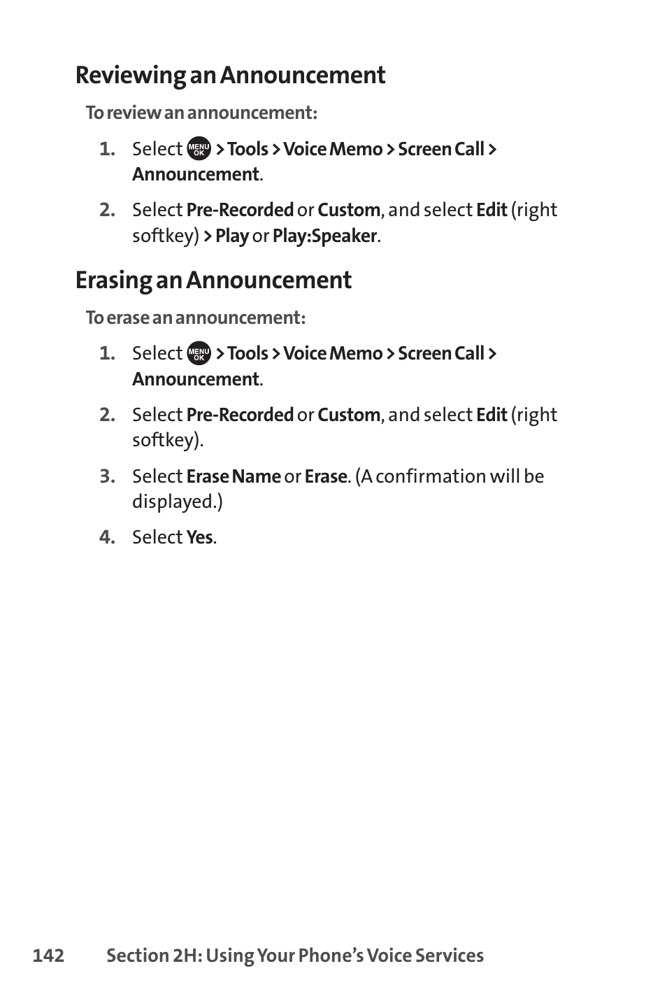 Reviewing an announcement, Erasing an announcement | Sprint Nextel SCP-7050 User Manual | Page 158 / 267