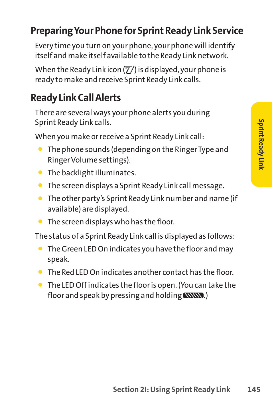 Preparing your phone for sprint ready link service, Ready link call alerts | Sprint Nextel SCP-7050 User Manual | Page 161 / 267
