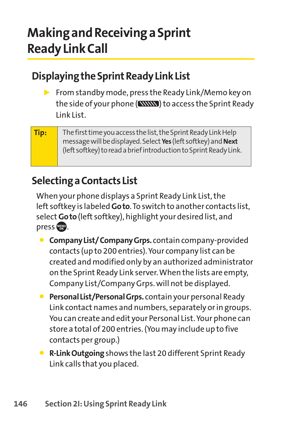 Making and receiving a sprint ready link call, Displaying the sprint ready link list, Selecting a contacts list | Sprint Nextel SCP-7050 User Manual | Page 162 / 267
