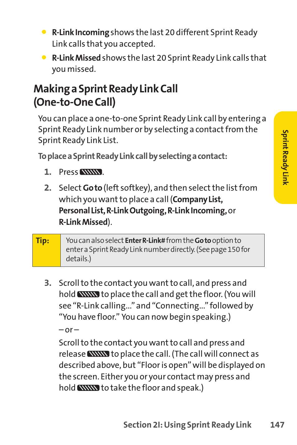 Making a sprint ready link call (one-to-one call) | Sprint Nextel SCP-7050 User Manual | Page 163 / 267