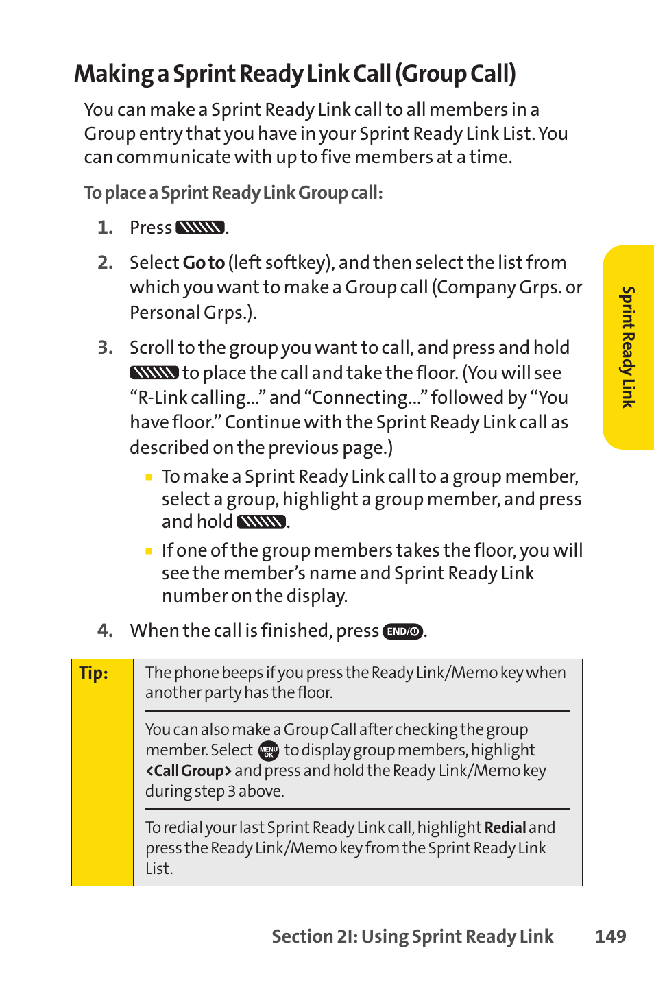 Making a sprint ready link call (group call) | Sprint Nextel SCP-7050 User Manual | Page 165 / 267