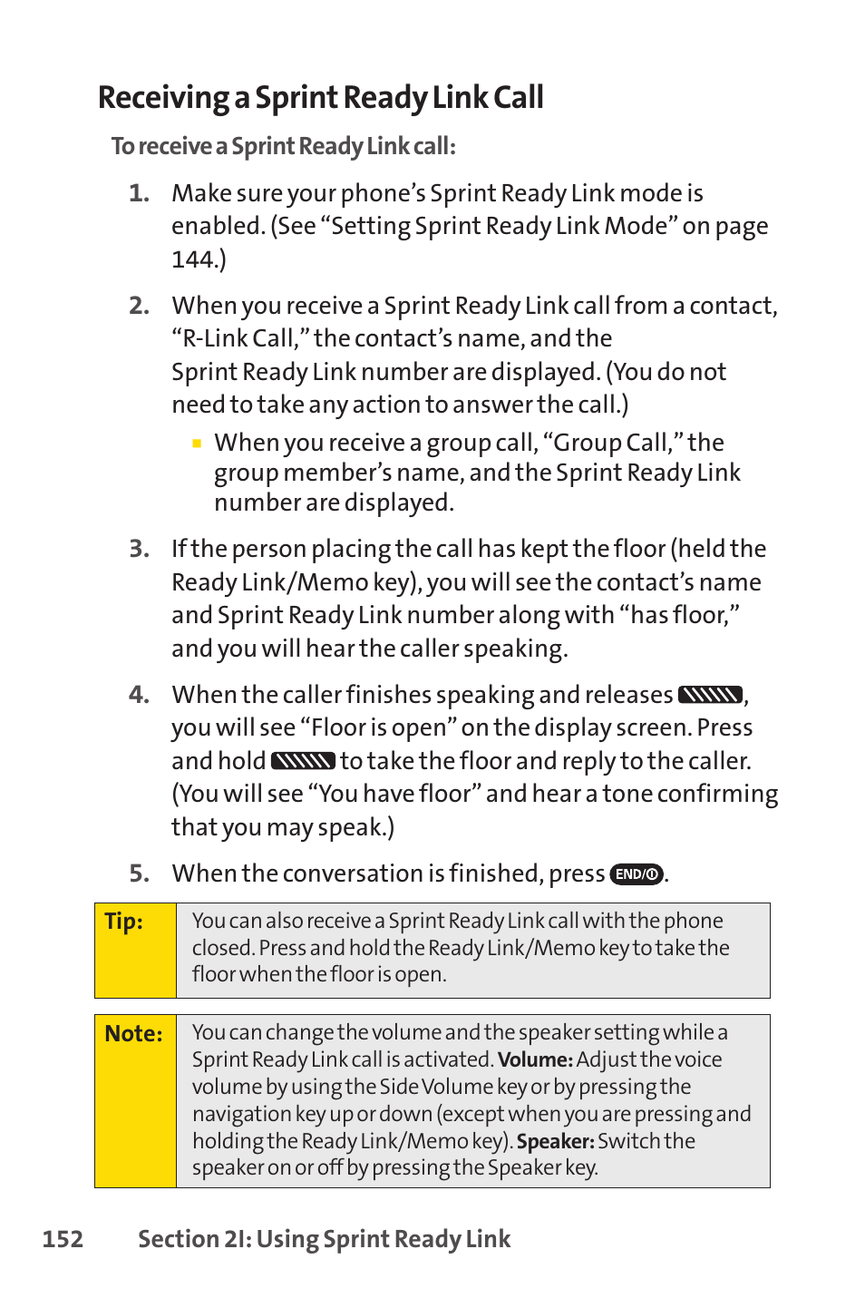 Receiving a sprint ready link call | Sprint Nextel SCP-7050 User Manual | Page 168 / 267