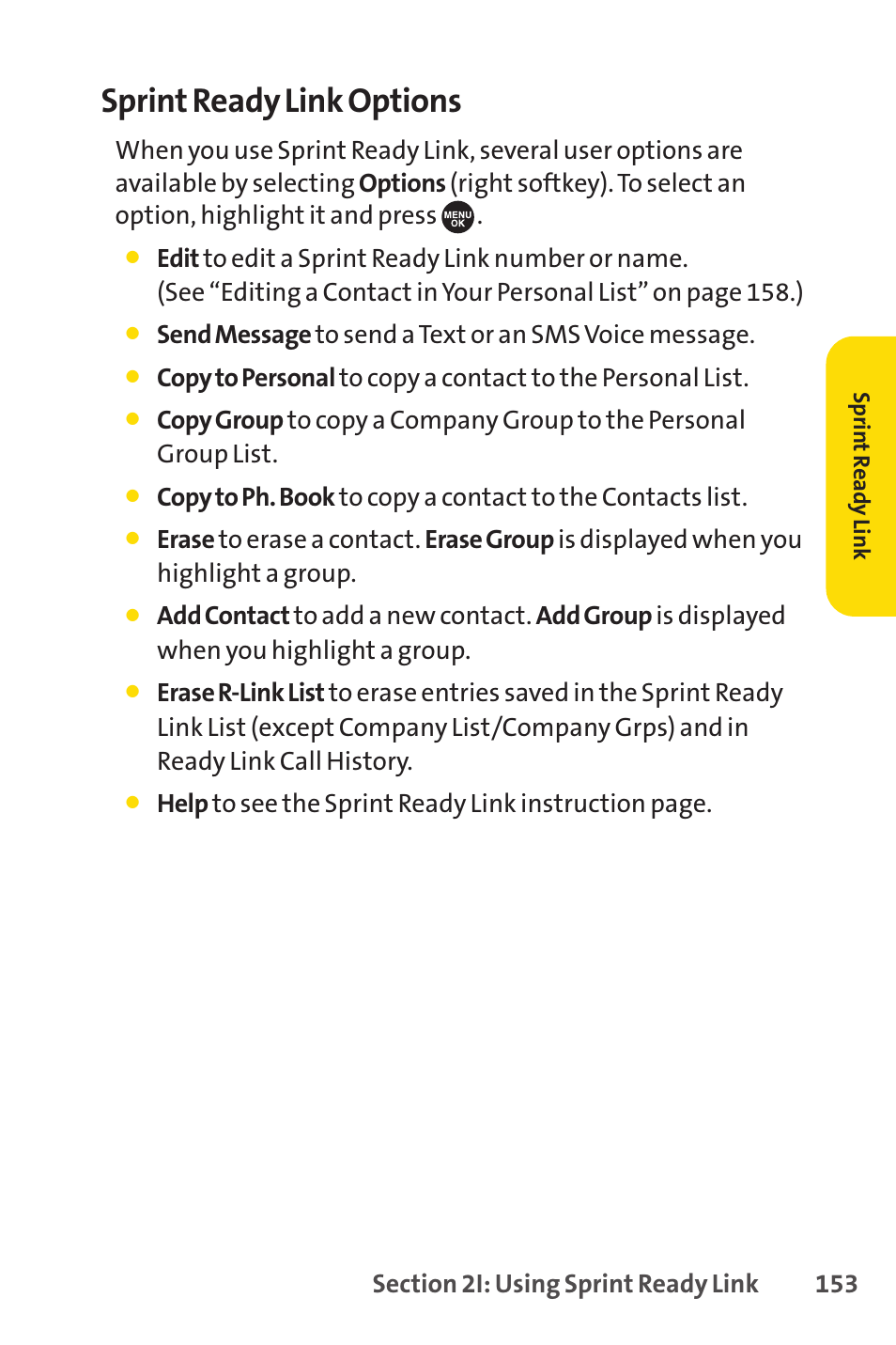 Sprint ready link options | Sprint Nextel SCP-7050 User Manual | Page 169 / 267
