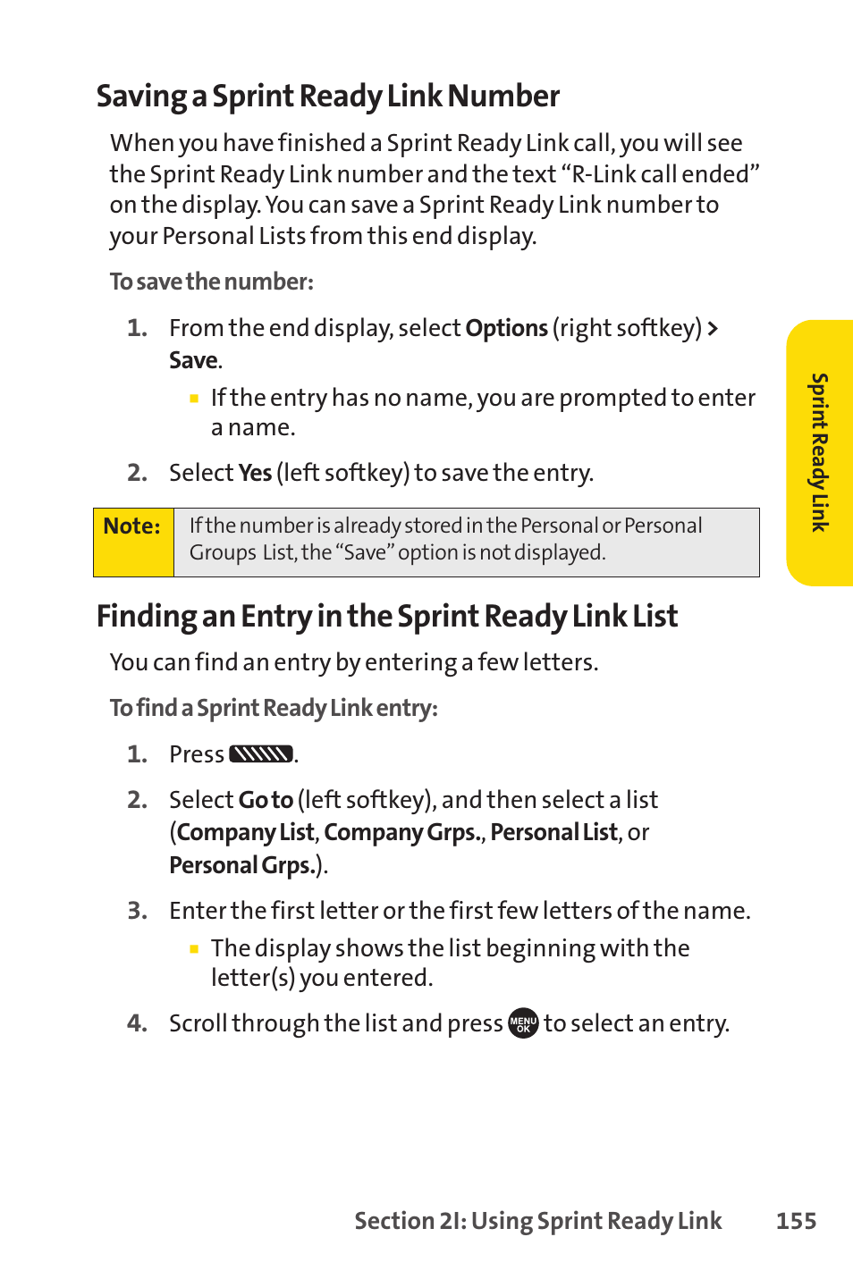 Saving a sprint ready link number, Finding an entry in the sprint ready link list | Sprint Nextel SCP-7050 User Manual | Page 171 / 267