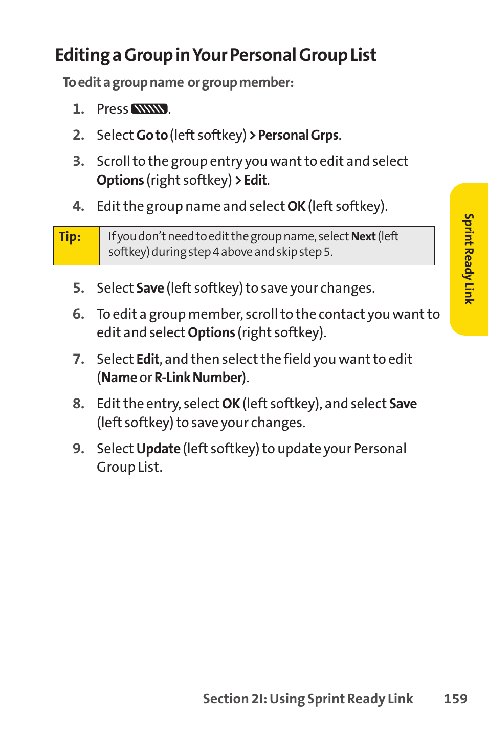 Editing a group in your personal group list | Sprint Nextel SCP-7050 User Manual | Page 175 / 267