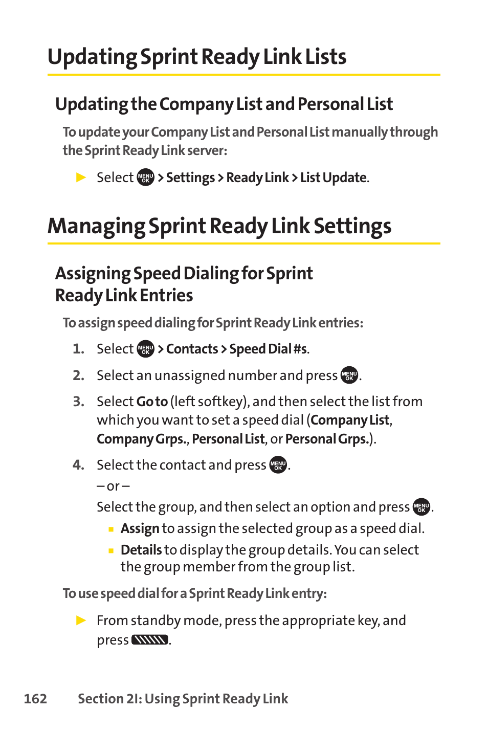 Updating sprint ready link lists, Managing sprint ready link settings, Updating the company list and personal list | Sprint Nextel SCP-7050 User Manual | Page 178 / 267