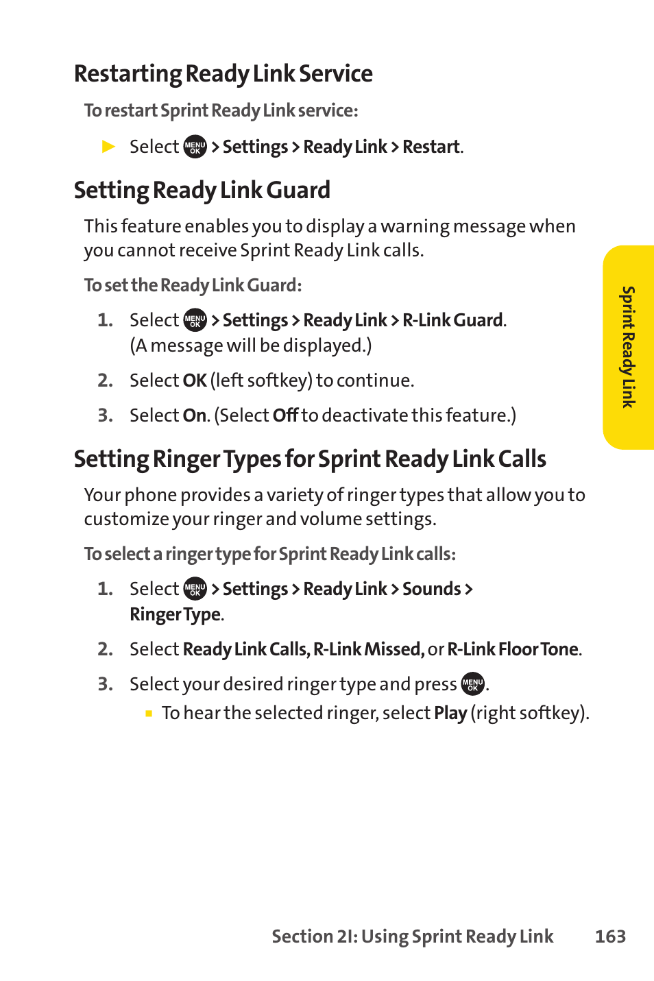 Restarting ready link service, Setting ready link guard, Setting ringer types for sprint ready link calls | Sprint Nextel SCP-7050 User Manual | Page 179 / 267