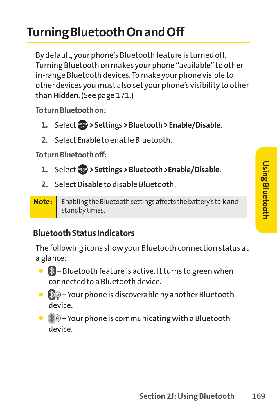 Turning bluetooth on and off | Sprint Nextel SCP-7050 User Manual | Page 185 / 267