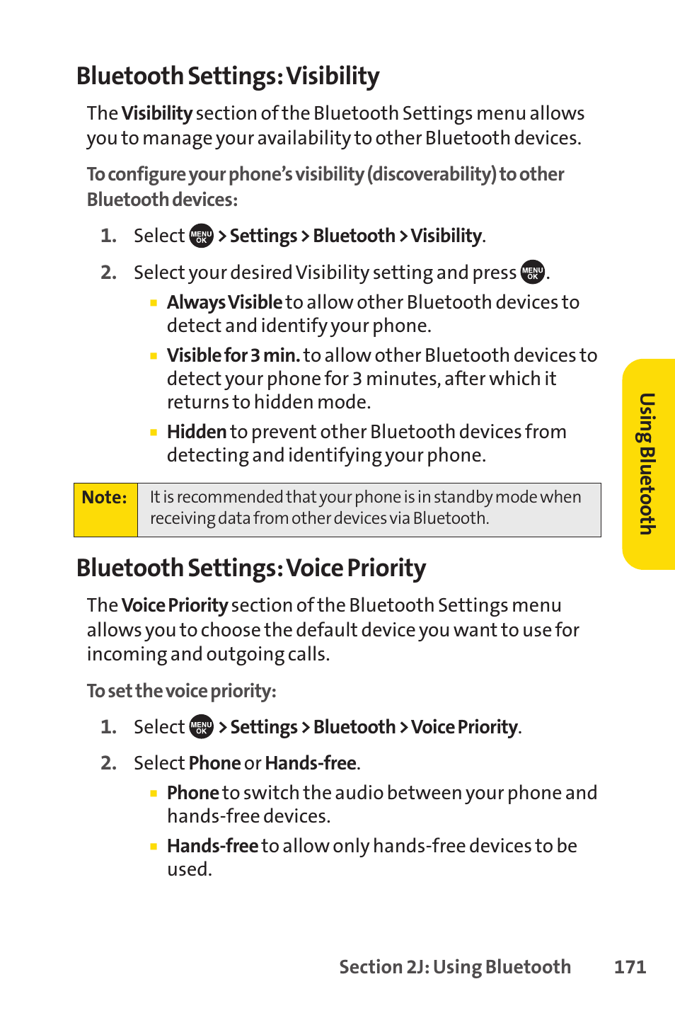 Bluetooth settings: visibility, Bluetooth settings: voice priority | Sprint Nextel SCP-7050 User Manual | Page 187 / 267