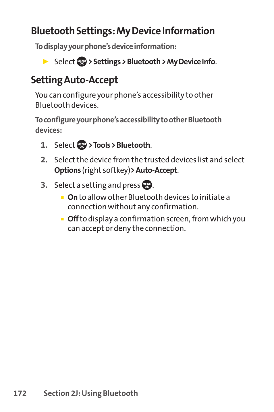 Bluetooth settings: my device information, Setting auto-accept | Sprint Nextel SCP-7050 User Manual | Page 188 / 267
