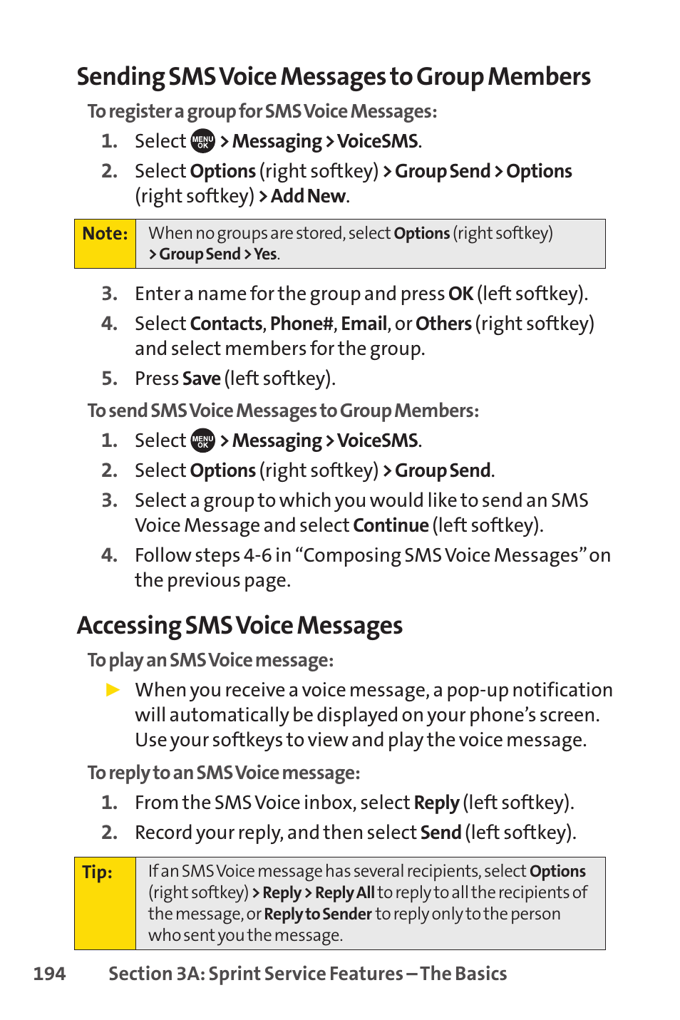 Sending sms voice messages to group members, Accessing sms voice messages | Sprint Nextel SCP-7050 User Manual | Page 210 / 267
