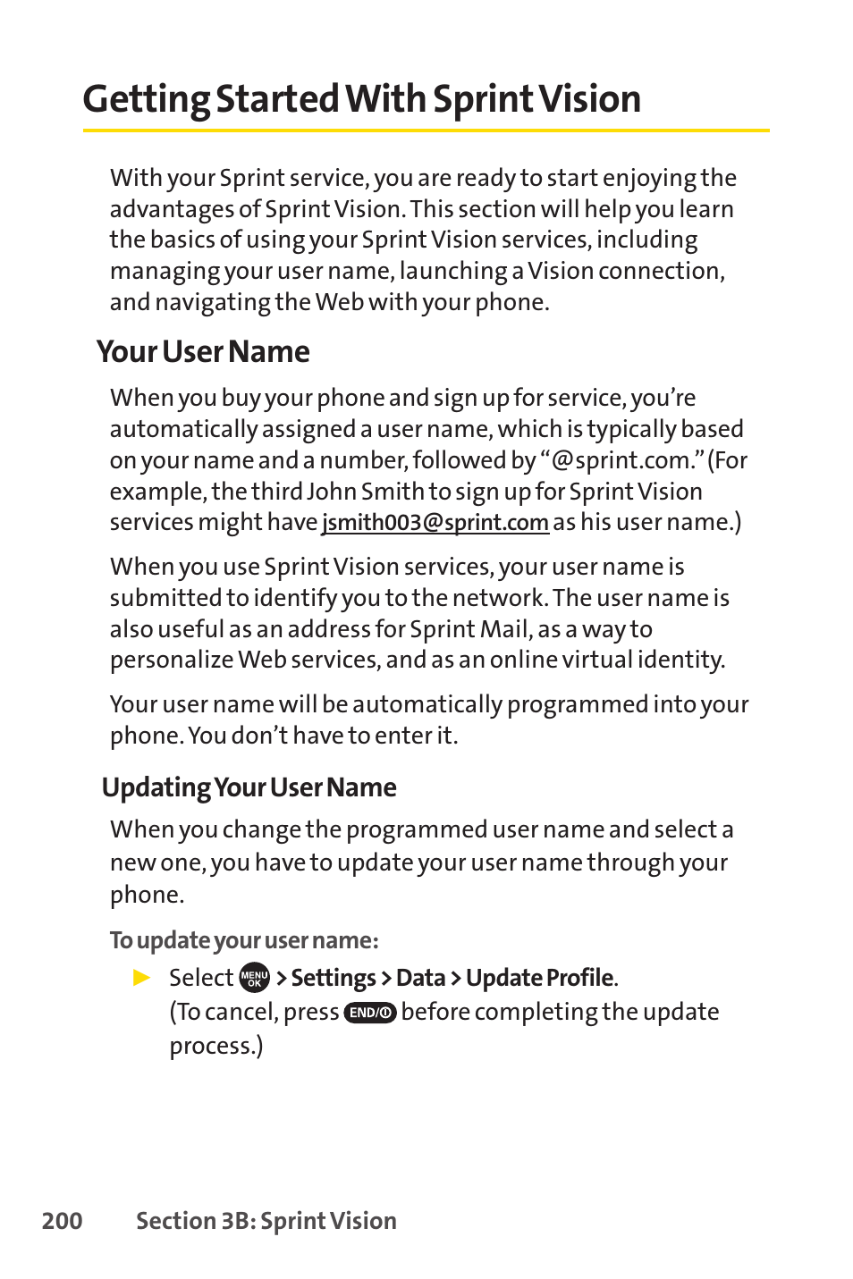 Getting started with sprint vision, Getting started with sprintvision, Your user name | Sprint Nextel SCP-7050 User Manual | Page 216 / 267