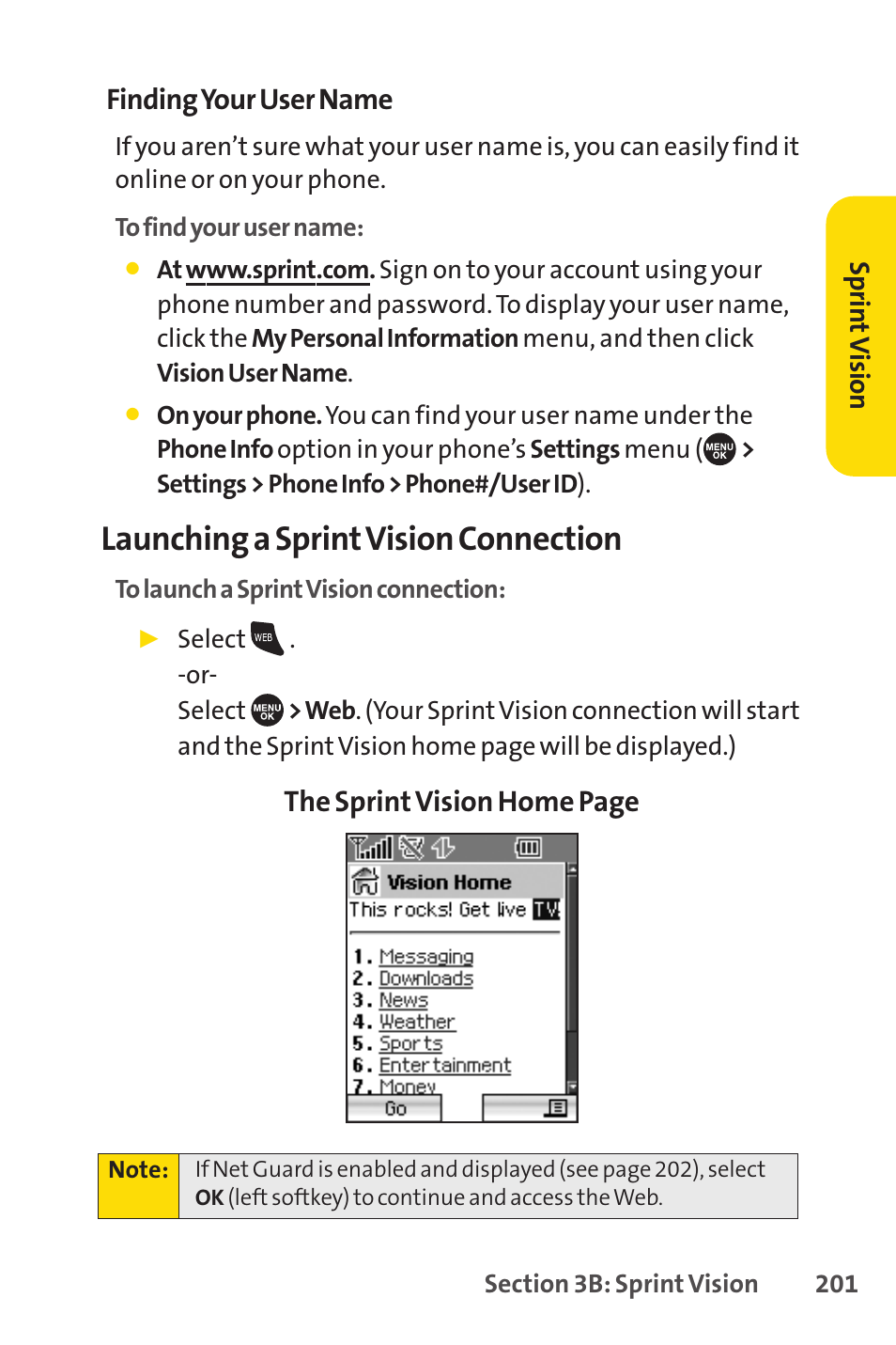 Launching a sprintvision connection, Finding your user name, The sprint vision home page | Sprint Nextel SCP-7050 User Manual | Page 217 / 267