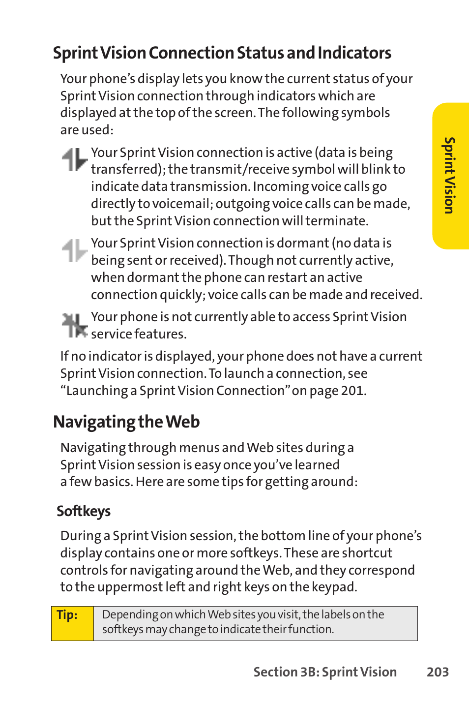Sprintvision connection status and indicators, Navigating the web | Sprint Nextel SCP-7050 User Manual | Page 219 / 267