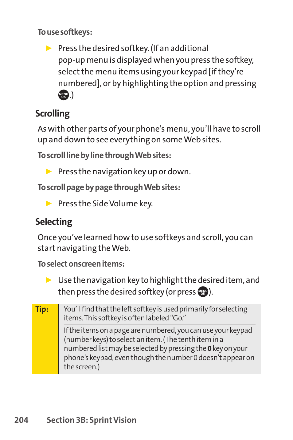 Scrolling, Selecting | Sprint Nextel SCP-7050 User Manual | Page 220 / 267