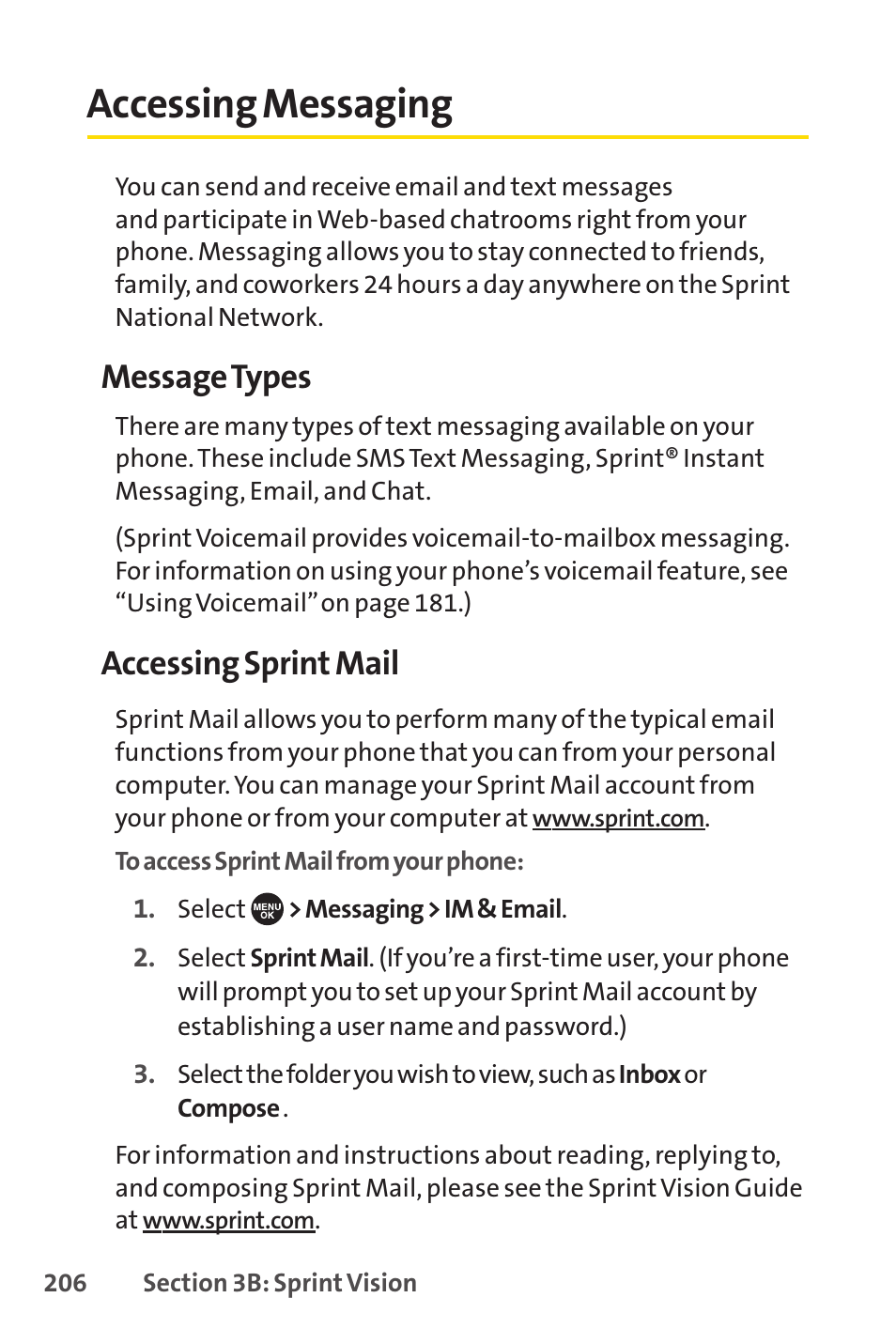 Accessing messaging, Messagetypes, Accessing sprint mail | Sprint Nextel SCP-7050 User Manual | Page 222 / 267