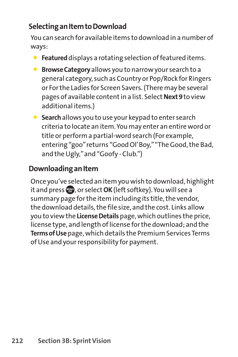 Selecting an item to download, Downloading an item | Sprint Nextel SCP-7050 User Manual | Page 228 / 267