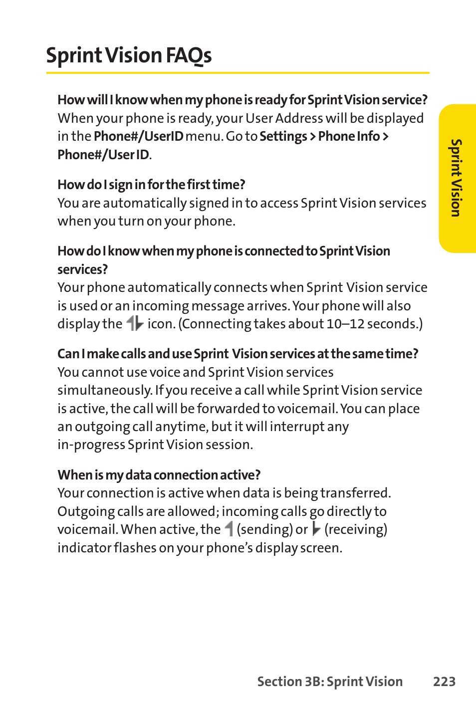Sprint vision faqs, Sprintvision faqs | Sprint Nextel SCP-7050 User Manual | Page 239 / 267