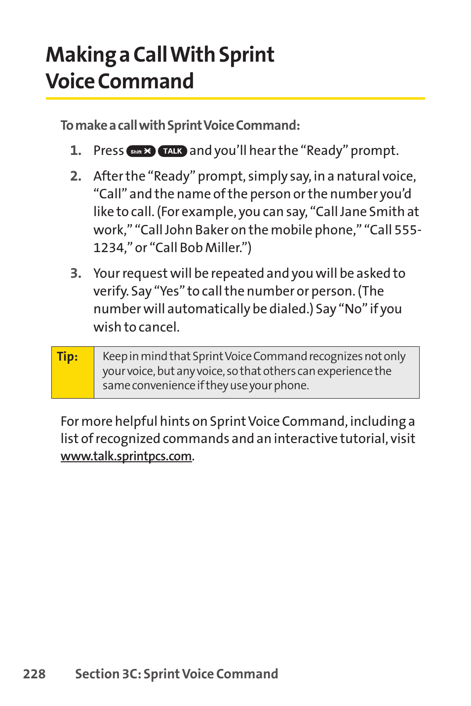 Making a call with sprint voice command, Making a callwith sprint voice command | Sprint Nextel SCP-7050 User Manual | Page 244 / 267