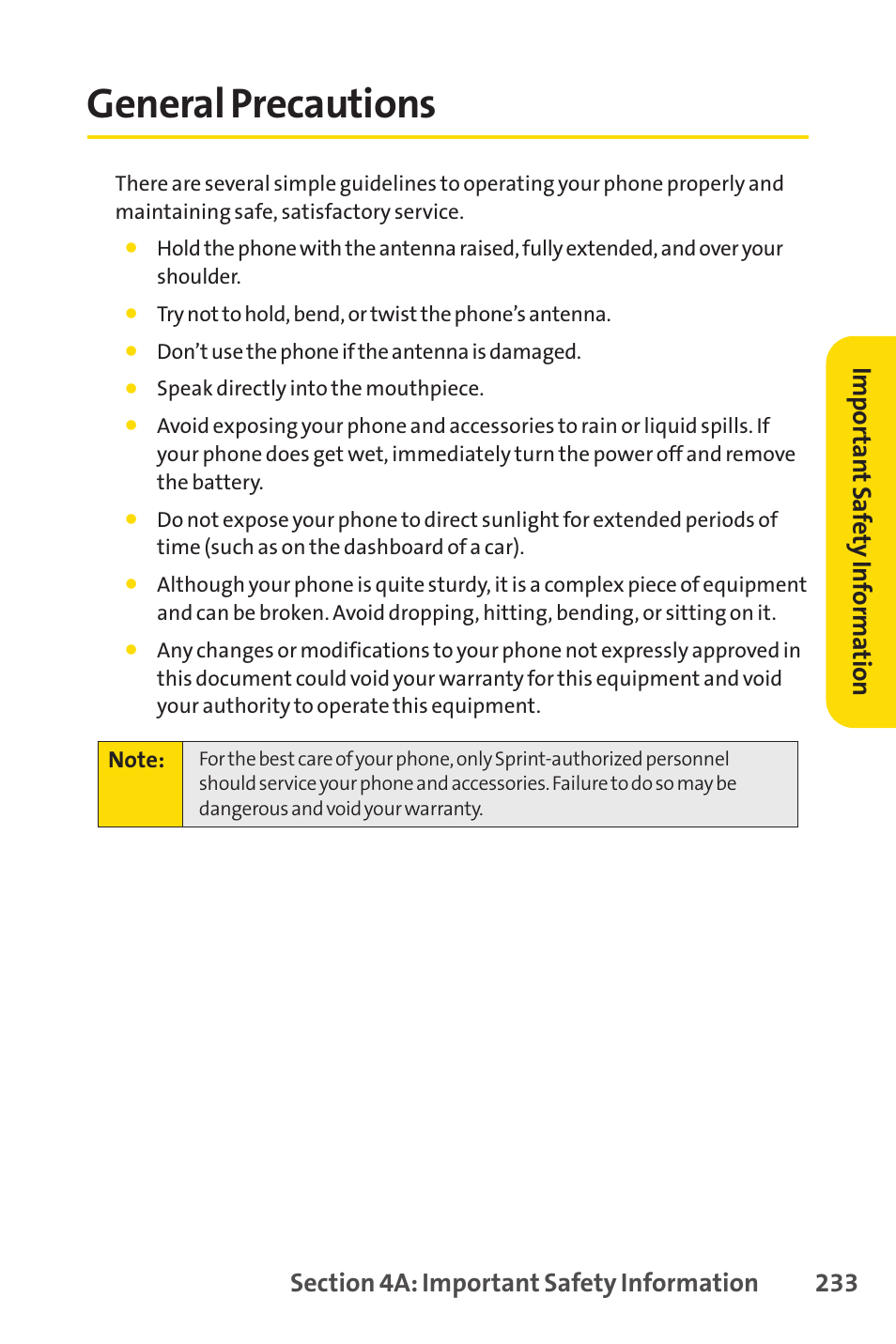 General precautions | Sprint Nextel SCP-7050 User Manual | Page 249 / 267
