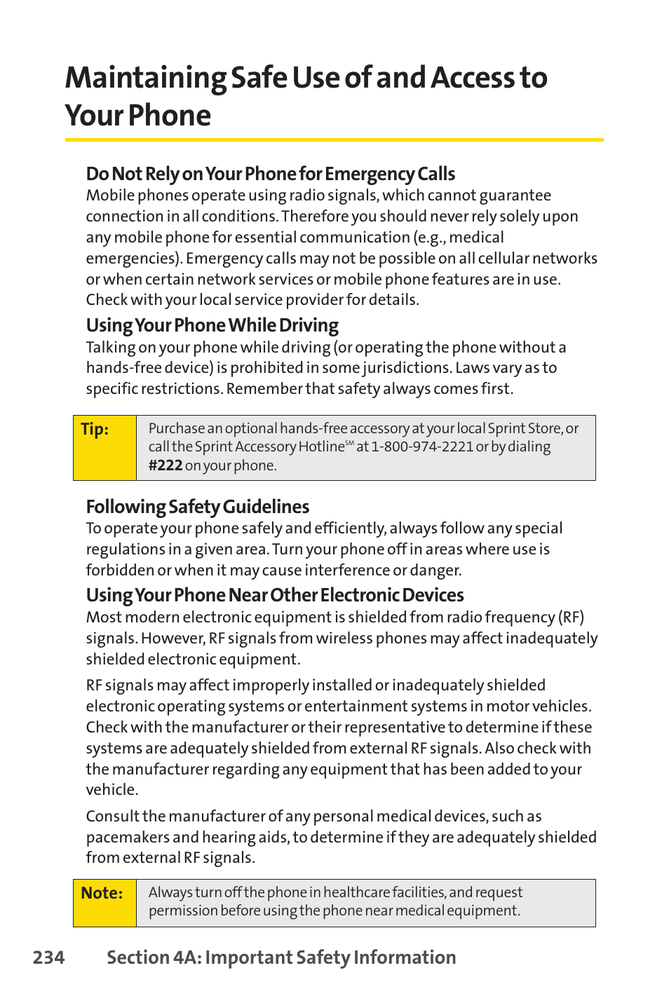 Maintaining safe use of and access to your phone | Sprint Nextel SCP-7050 User Manual | Page 250 / 267