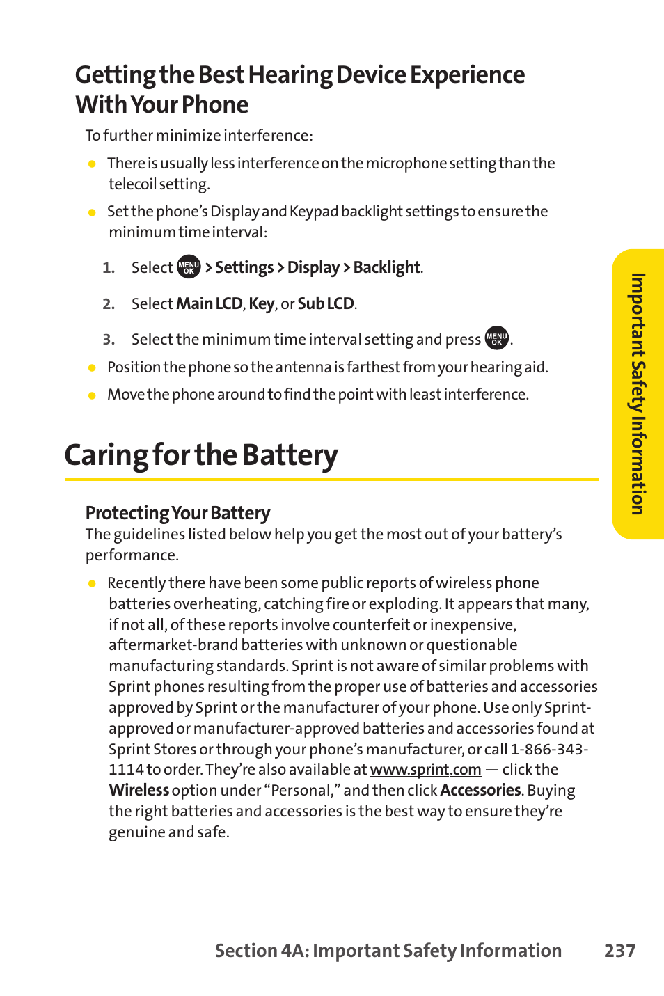 Caring for the battery | Sprint Nextel SCP-7050 User Manual | Page 253 / 267