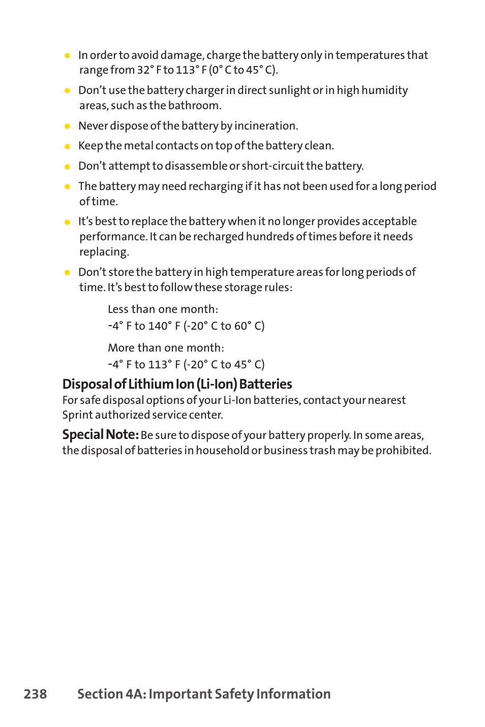 Disposal of lithium ion (li-ion) batteries | Sprint Nextel SCP-7050 User Manual | Page 254 / 267