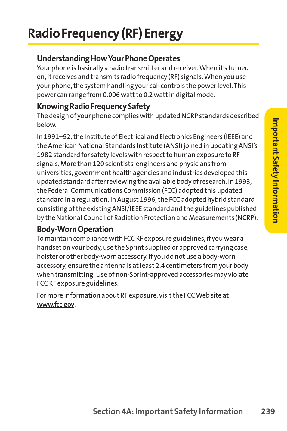 Radio frequency (rf) energy | Sprint Nextel SCP-7050 User Manual | Page 255 / 267