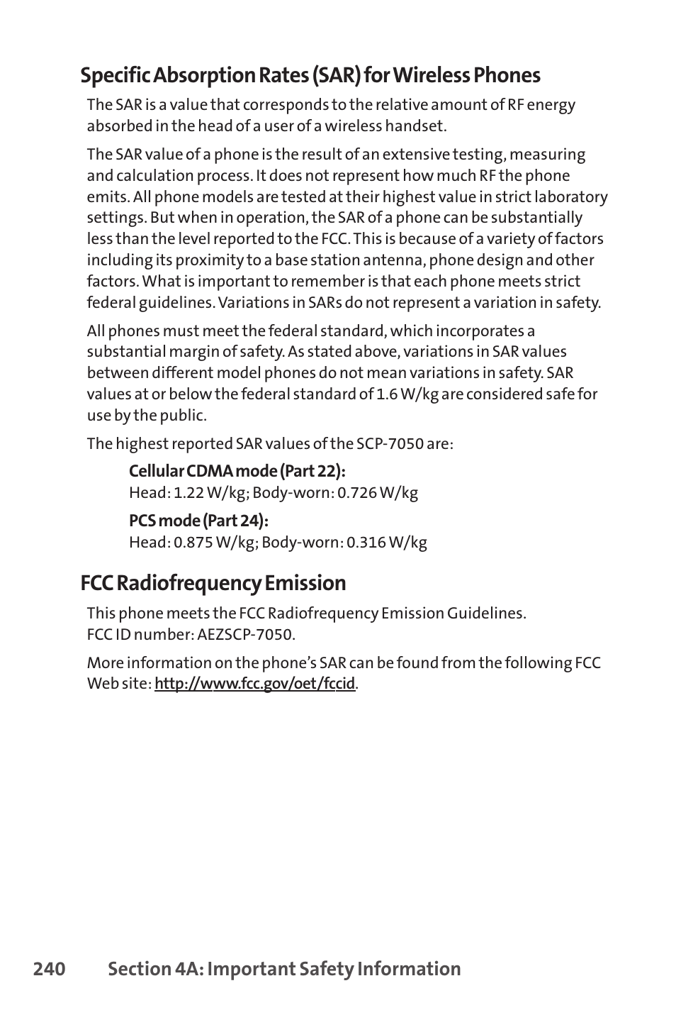 Fcc radiofrequency emission | Sprint Nextel SCP-7050 User Manual | Page 256 / 267