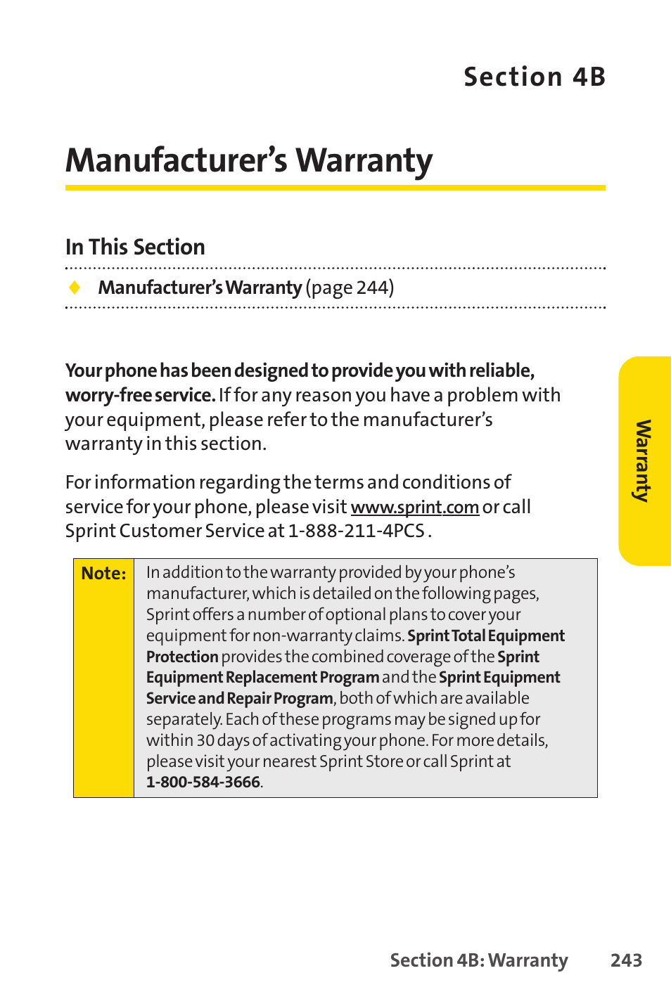 Manufacturer’s warranty, 4b. manufacturer’s warranty | Sprint Nextel SCP-7050 User Manual | Page 259 / 267