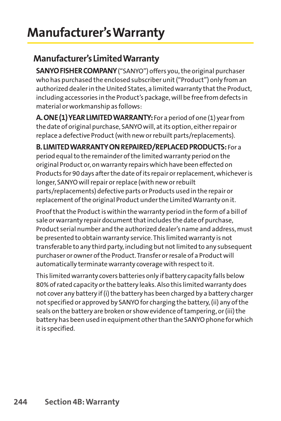 Manufacturer’s warranty, Manufacturer’s limited warranty | Sprint Nextel SCP-7050 User Manual | Page 260 / 267