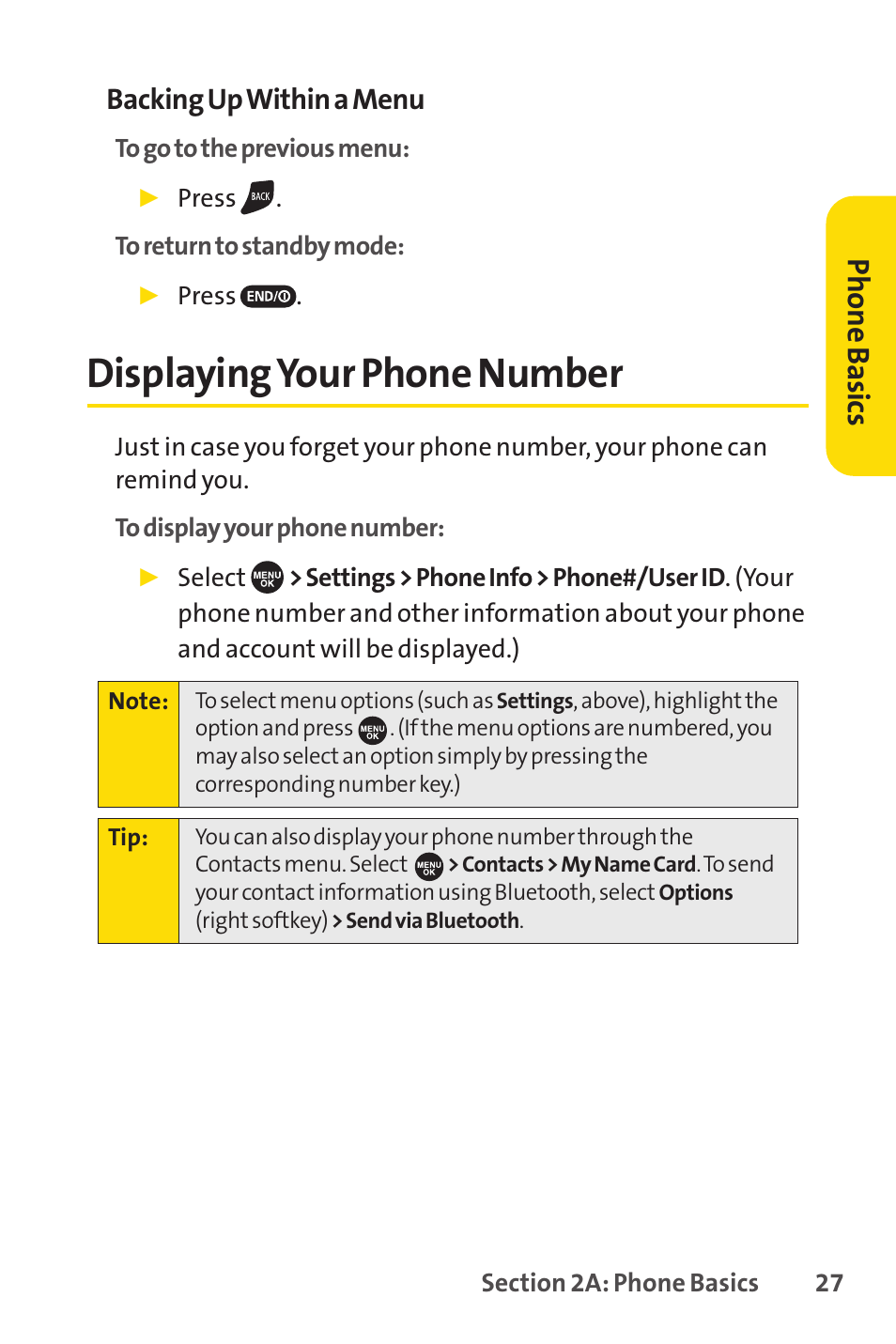 Displaying your phone number, Ph on e b as ics, Backing up within a menu | Sprint Nextel SCP-7050 User Manual | Page 43 / 267