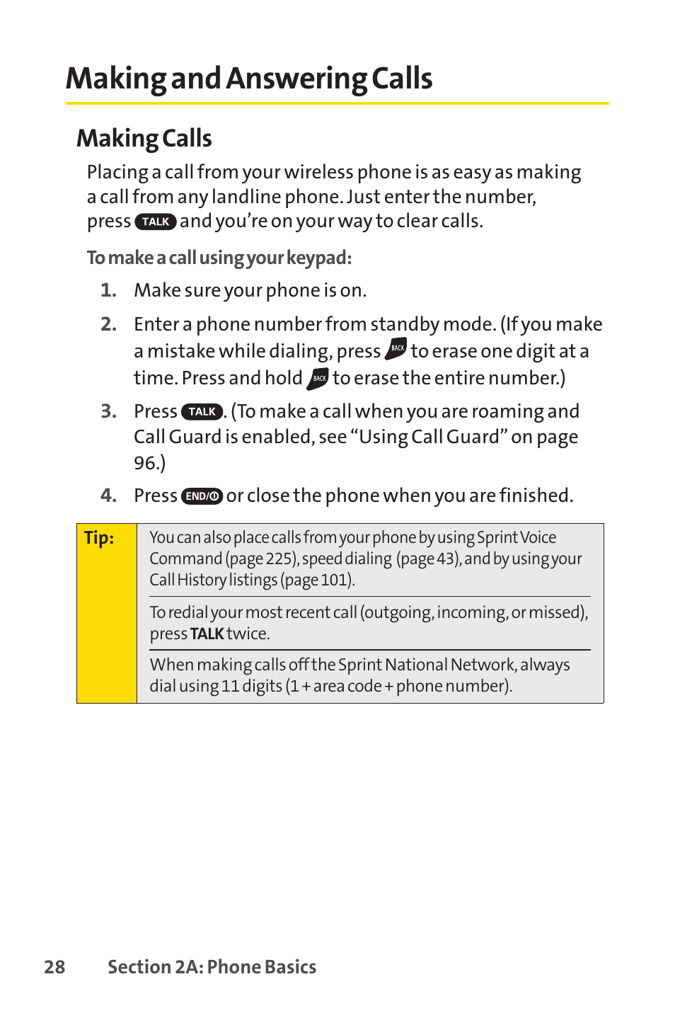 Making and answering calls, Making calls | Sprint Nextel SCP-7050 User Manual | Page 44 / 267