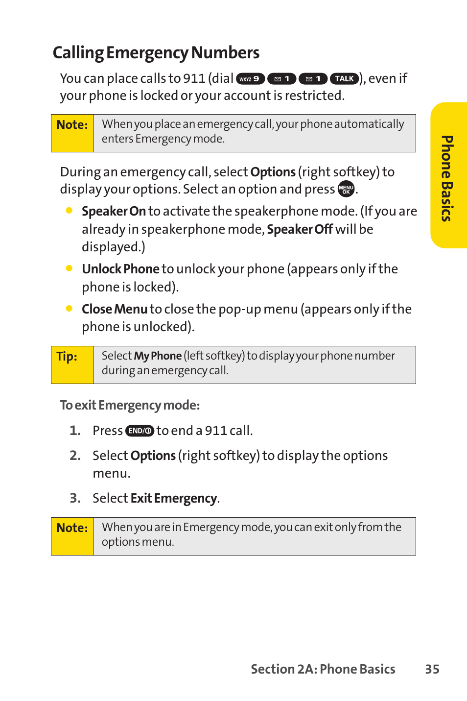 Calling emergency numbers, Ph on e b as ics | Sprint Nextel SCP-7050 User Manual | Page 51 / 267
