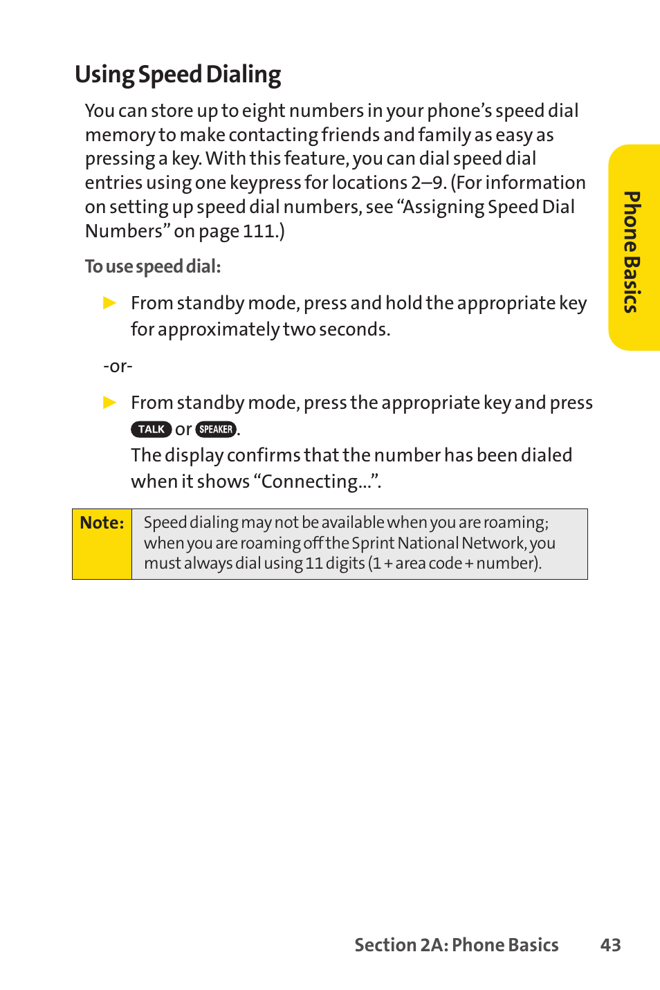 Using speed dialing, Ph on e b as ics | Sprint Nextel SCP-7050 User Manual | Page 59 / 267