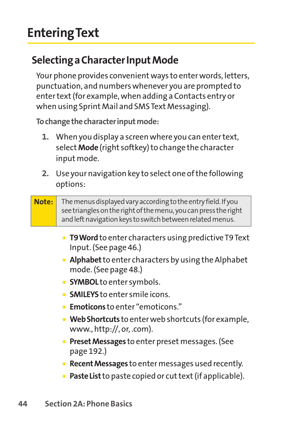 Entering text, Selecting a character input mode | Sprint Nextel SCP-7050 User Manual | Page 60 / 267