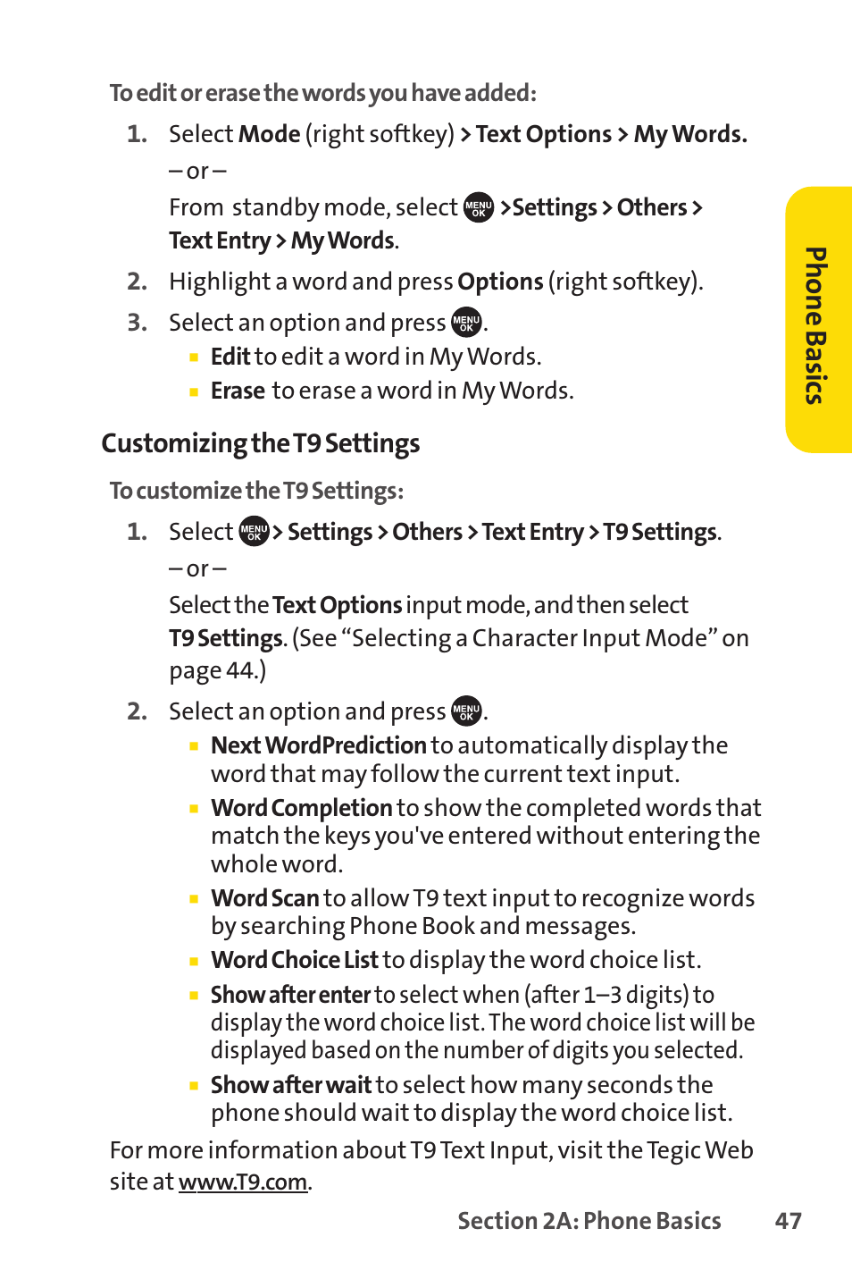Ph on e b as ics, Customizing the t9 settings | Sprint Nextel SCP-7050 User Manual | Page 63 / 267