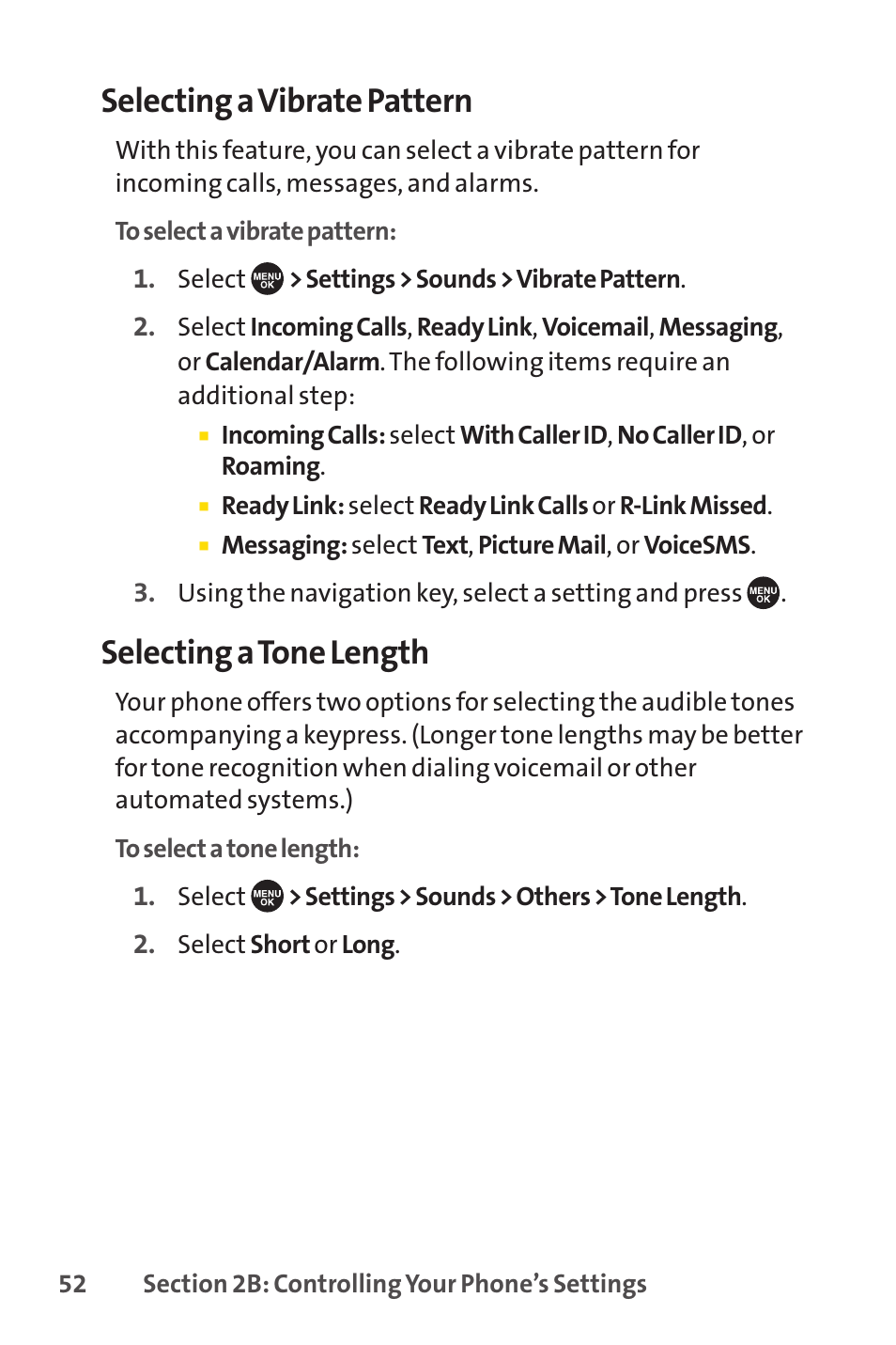 Selecting a vibrate pattern, Selecting a tone length | Sprint Nextel SCP-7050 User Manual | Page 68 / 267