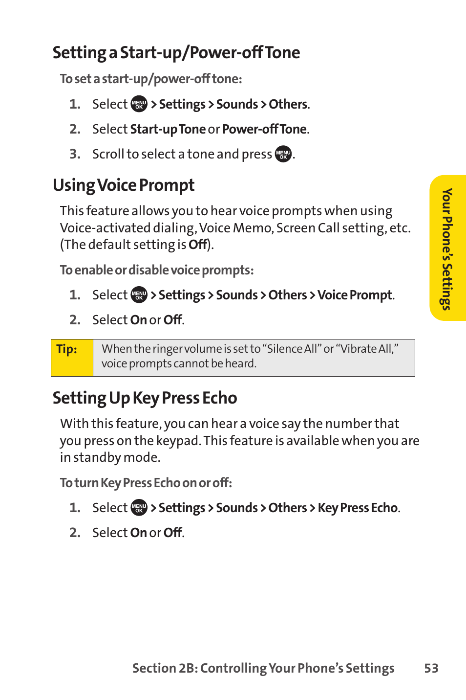 Setting a start-up/power-off tone, Using voice prompt, Setting up key press echo | Sprint Nextel SCP-7050 User Manual | Page 69 / 267
