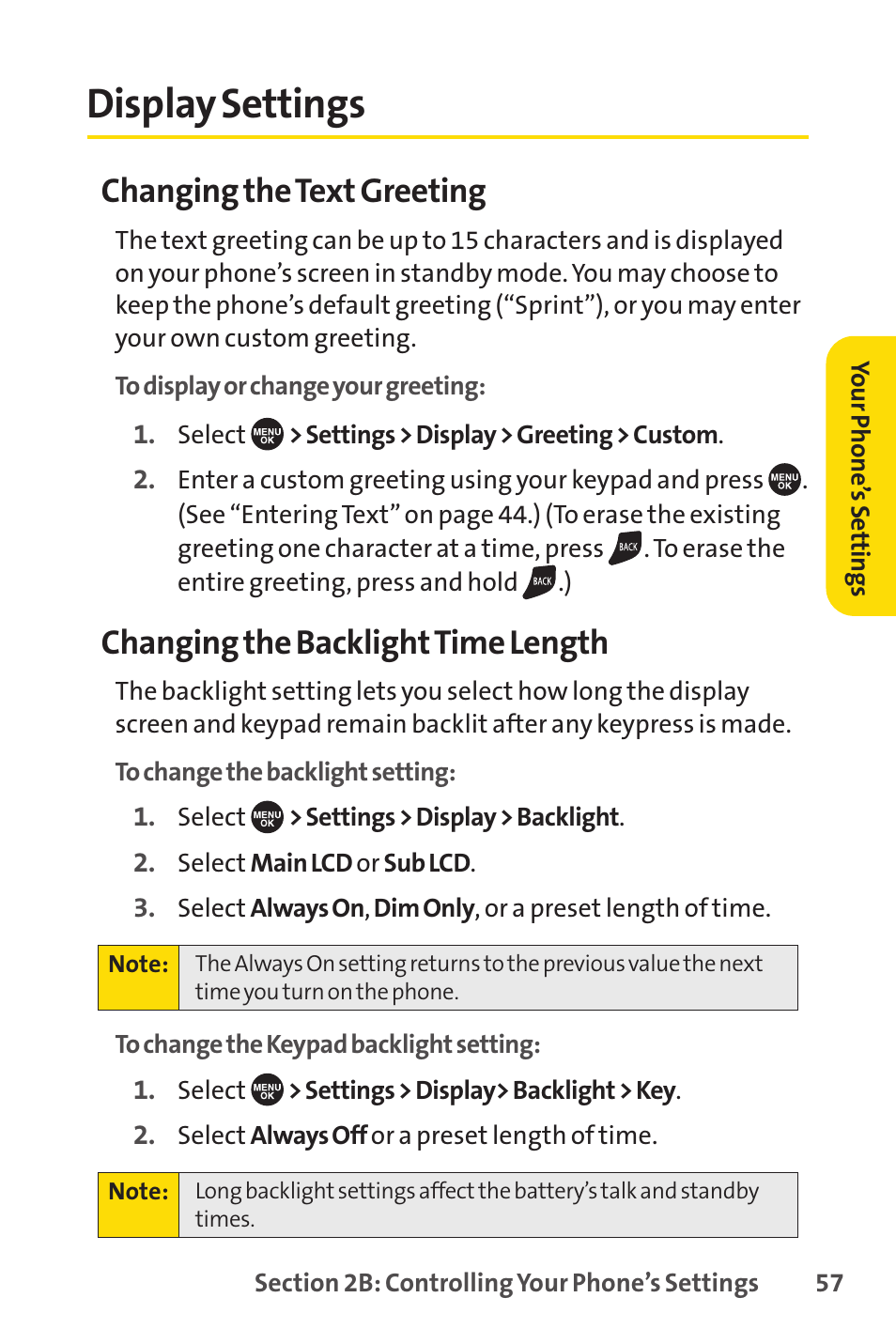 Display settings, Changing the text greeting, Changing the backlighttime length | Sprint Nextel SCP-7050 User Manual | Page 73 / 267