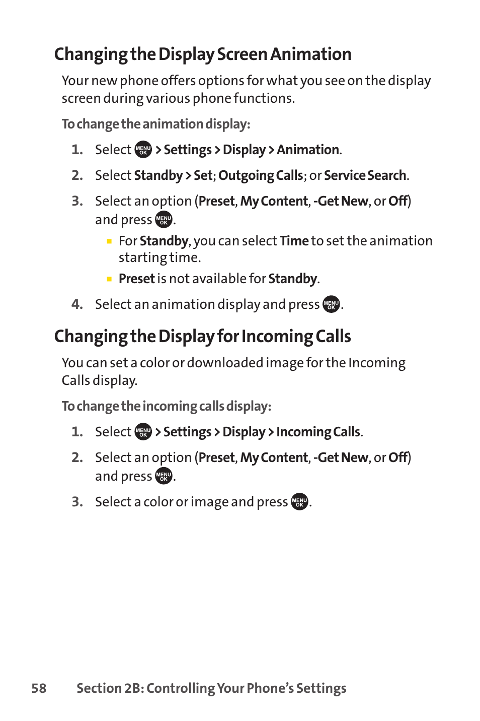 Changing the display screen animation, Changing the display for incoming calls | Sprint Nextel SCP-7050 User Manual | Page 74 / 267