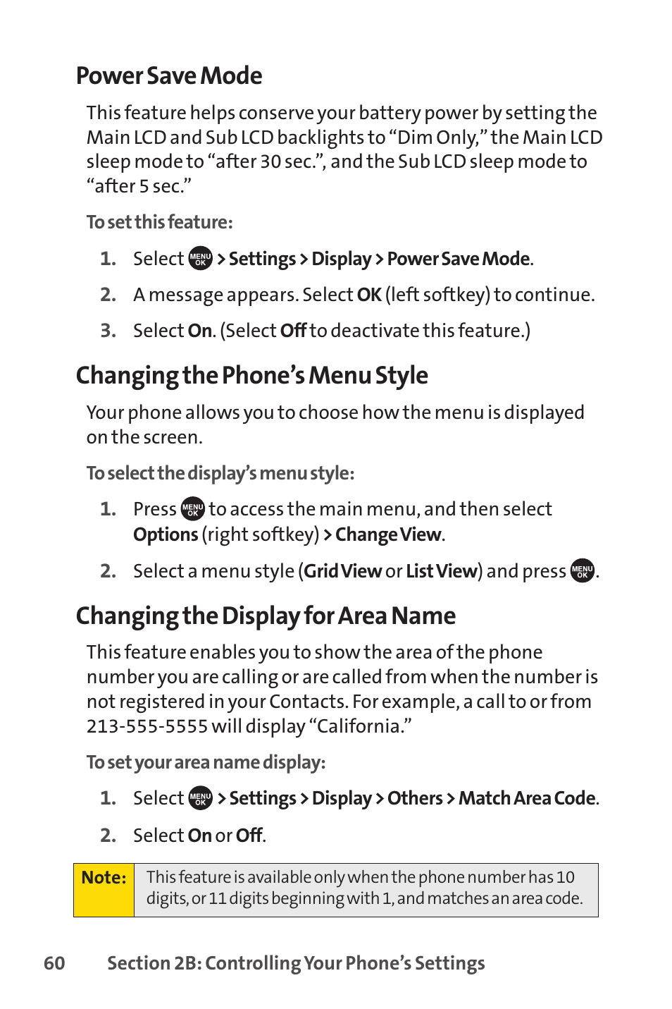 Power save mode, Changing the phone’s menu style, Changing the display for area name | Sprint Nextel SCP-7050 User Manual | Page 76 / 267