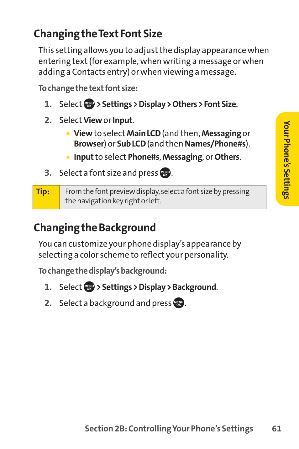Changing the text font size, Changing the background | Sprint Nextel SCP-7050 User Manual | Page 77 / 267