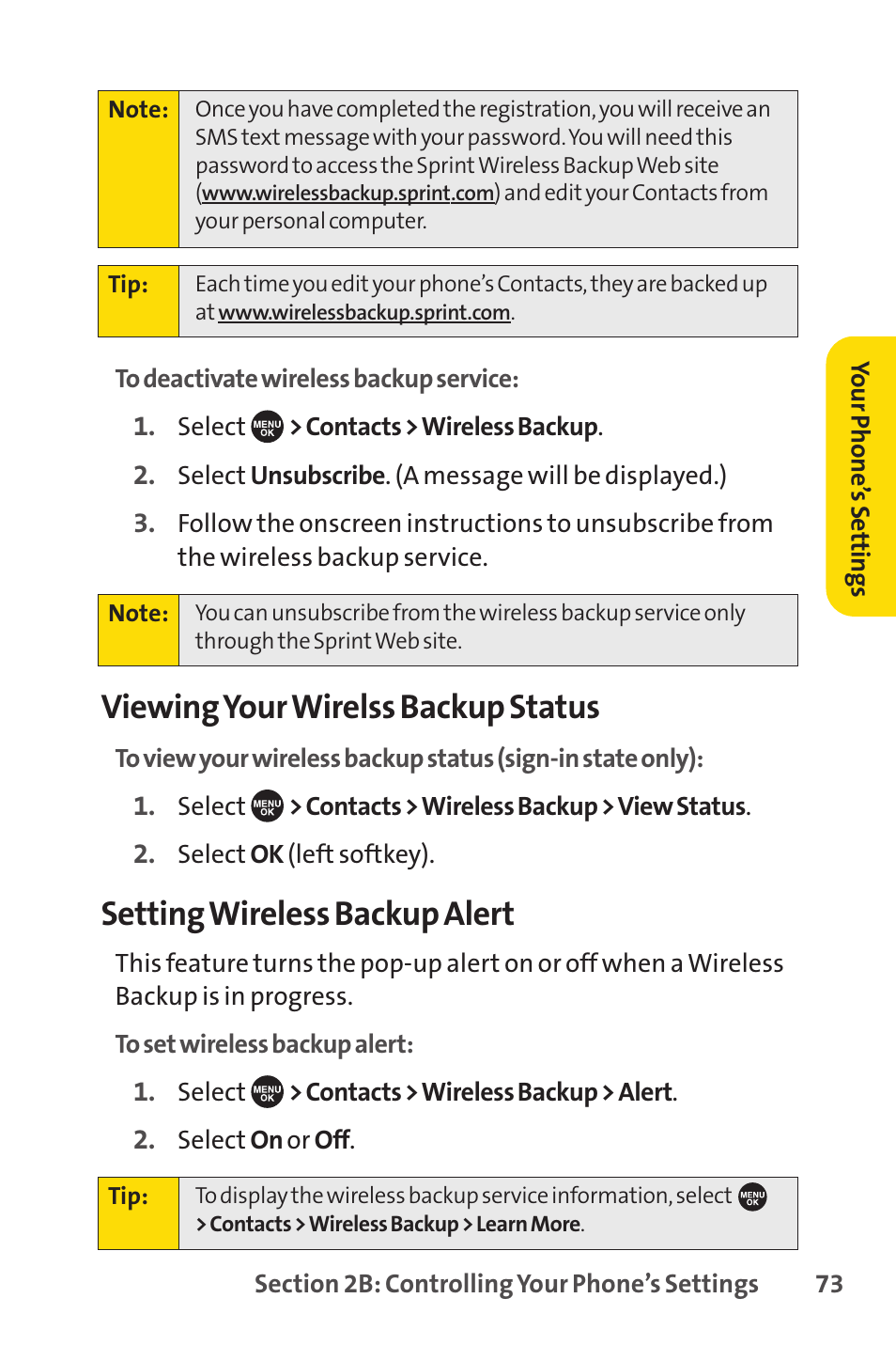 Viewing your wirelss backup status, Setting wireless backup alert | Sprint Nextel SCP-7050 User Manual | Page 89 / 267