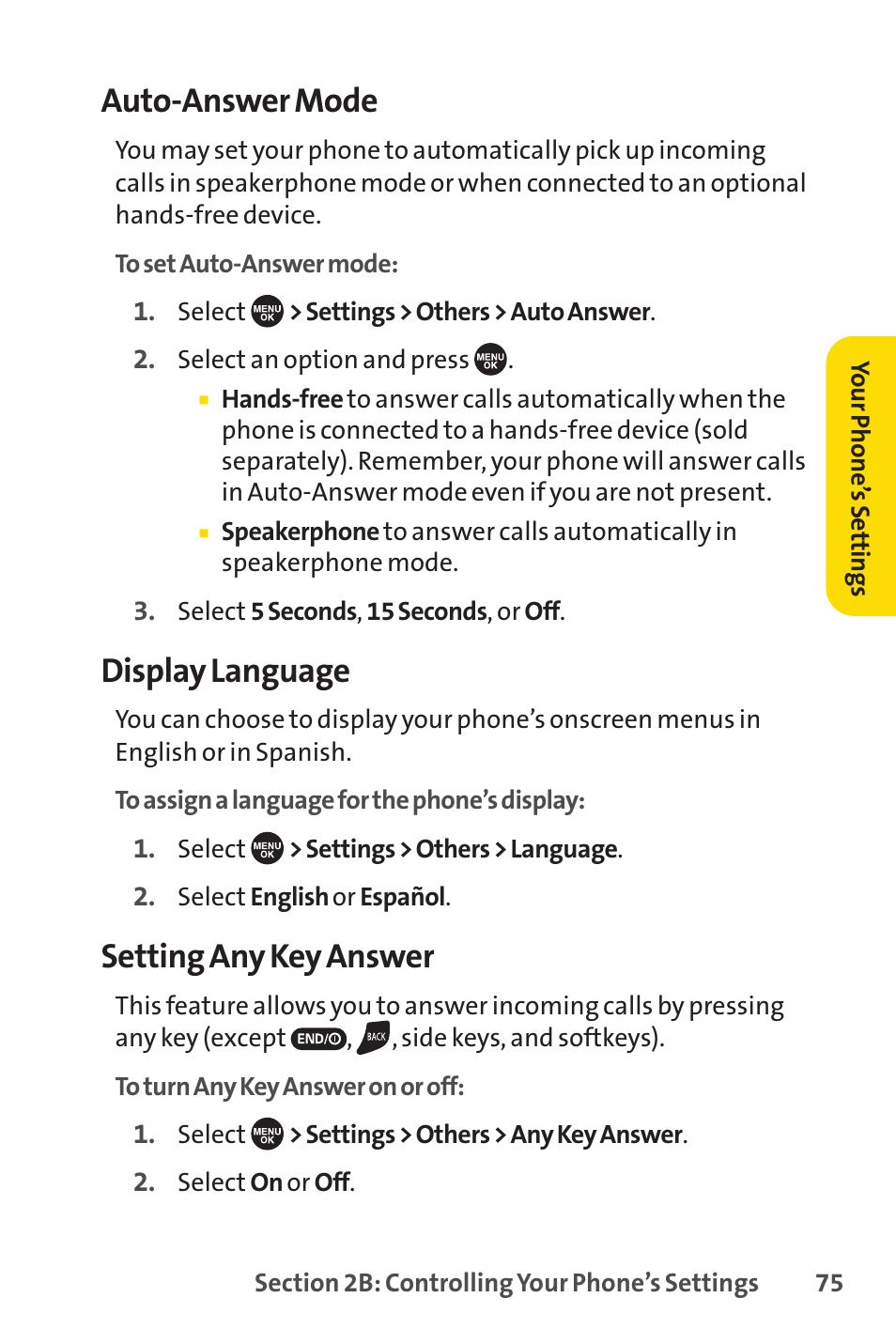 Auto-answer mode, Display language, Setting any key answer | Sprint Nextel SCP-7050 User Manual | Page 91 / 267