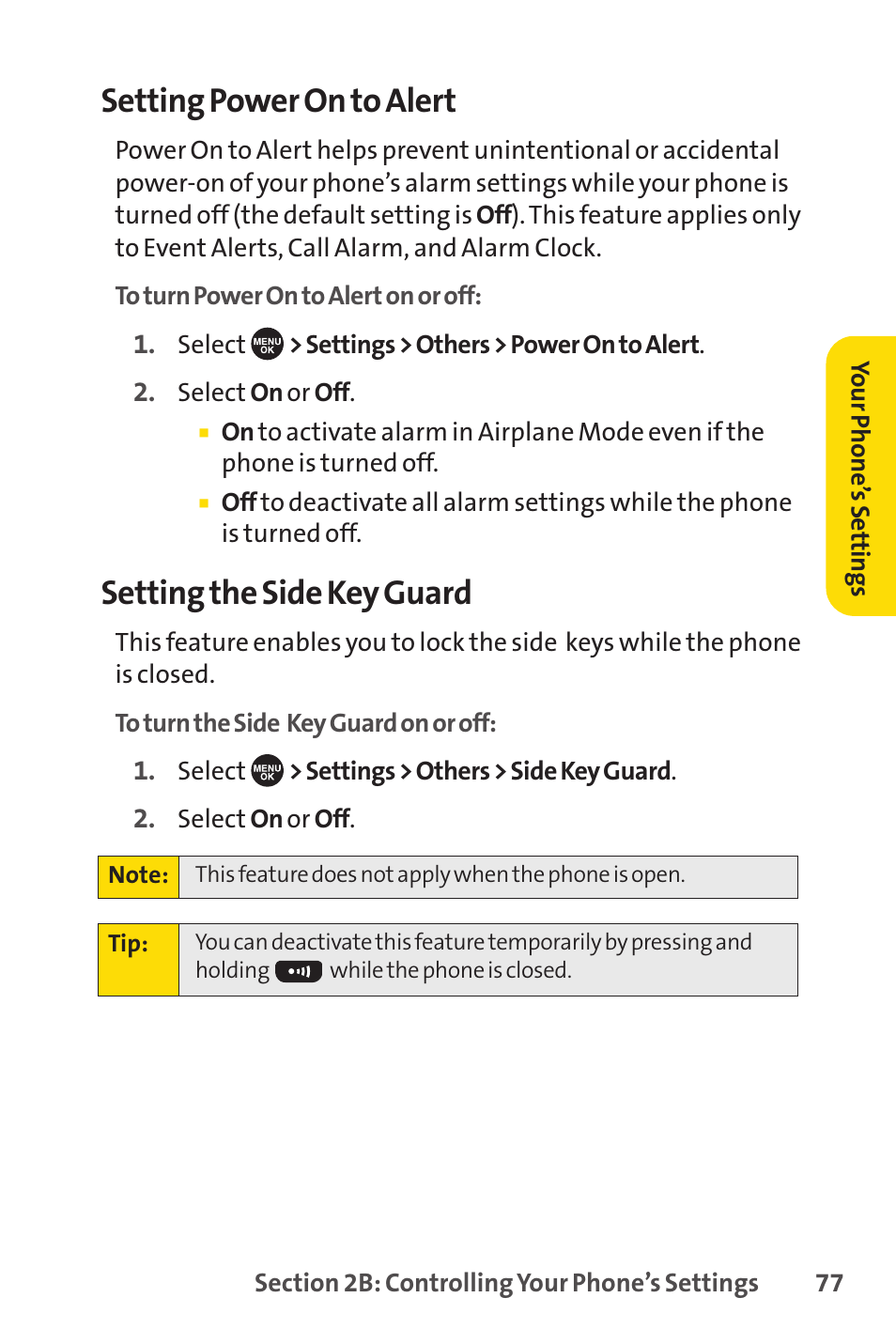 Setting power on to alert, Setting the side key guard | Sprint Nextel SCP-7050 User Manual | Page 93 / 267