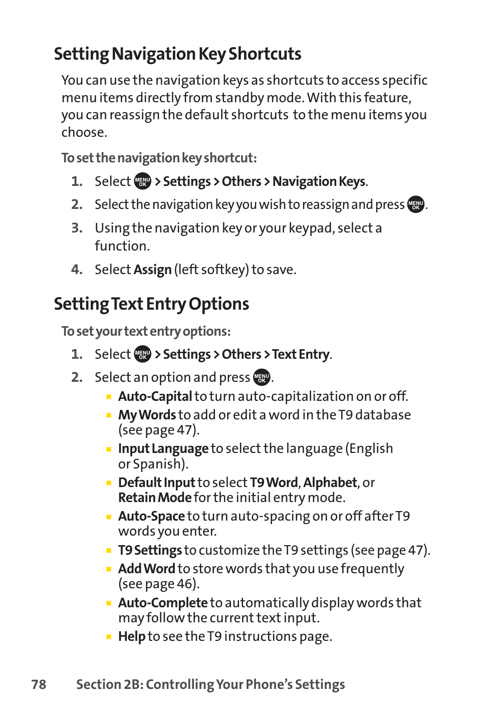 Setting navigation key shortcuts, Setting text entry options | Sprint Nextel SCP-7050 User Manual | Page 94 / 267