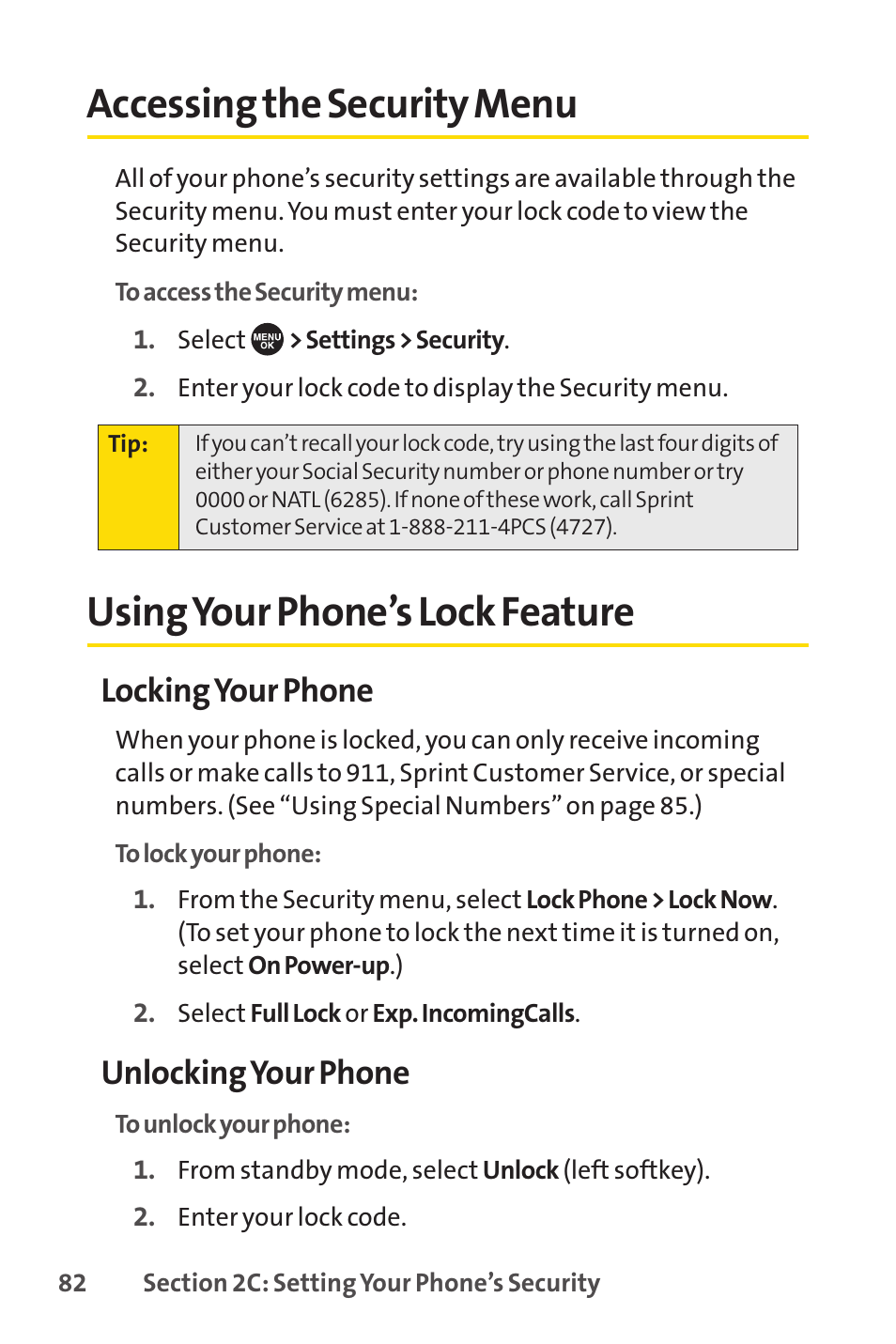 Accessing the security menu, Using your phone’s lock feature, Locking your phone | Unlocking your phone | Sprint Nextel SCP-7050 User Manual | Page 98 / 267